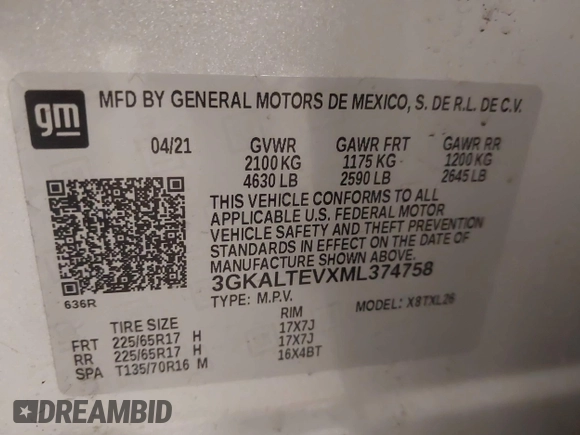2021 GMC Terrain SLE z VIN 3GKALTEVXML374758, wystawiony jako IAAI lot #42243679 z przebiegiem 63 101 mil mil oraz . Historia ofert i sprzedaży dostępna na DreamBid. Obrazek 9.