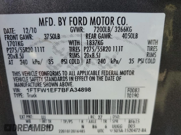 2011 Ford F-150 XL with VIN 1FTFW1EF7BFA34898, listed as a Copart auction lot 61956035 with 139,302 mi miles and Non repairable. Bid and sale history available at DreamBid. Image 13.