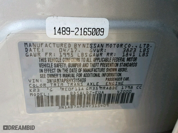 2017 Nissan Sentra SV with VIN 3N1AB7AP8HY315409, listed as a Copart auction lot 39251529 with 46,580 mi miles and Salvage Title. Bid and sale history available at carsss.com. Image 10.