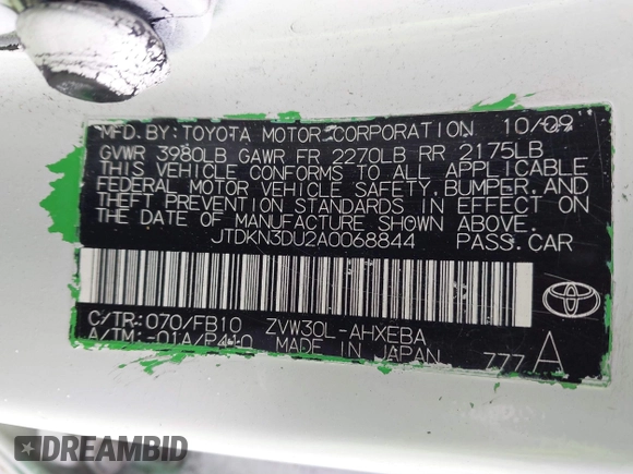 2010 Toyota Prius II z VIN JTDKN3DU2A0068844, wystawiony jako IAAI lot #41559578 z przebiegiem 190 064 mil mil oraz . Historia ofert i sprzedaży dostępna na DreamBid. Obrazek 9.