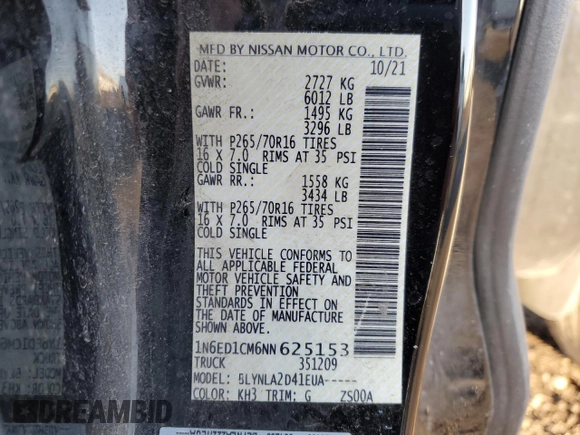 2022 Nissan Frontier SV with VIN 1N6ED1CM6NN625153, listed as a Copart auction lot 50198085 with 59,606 mi miles and Salvage title. Bid and sale history available at DreamBid. Image 12.