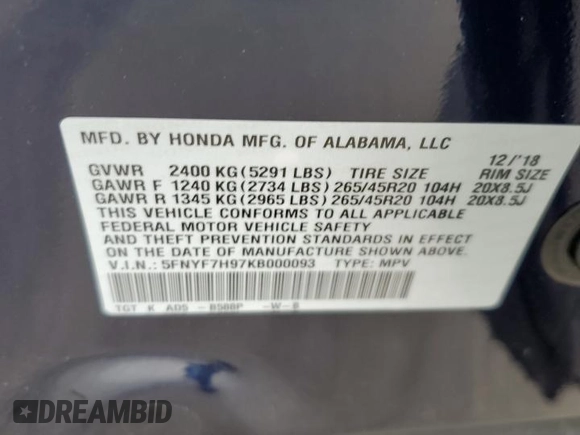 2019 Honda Passport Touring z VIN 5FNYF7H97KB000093, wystawiony jako Copart lot #78888424 z przebiegiem 41 742 mil mil oraz Szkoda całkowita • Salvage title. Historia ofert i sprzedaży dostępna na DreamBid. Obrazek 16.