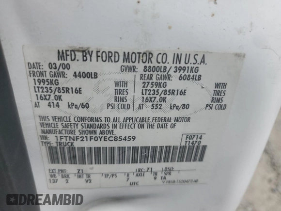 2000 Ford F-250 XL with VIN 1FTNF21F0YEC85459, listed as a Copart auction lot 63040505 with 328,049 mi miles and Salvage title. Bid and sale history available at DreamBid. Image 12.