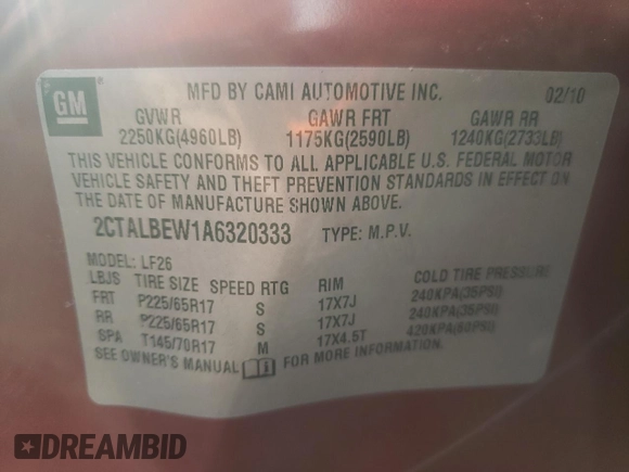 2010 GMC Terrain SLE-1 with VIN 2CTALBEW1A6320333, listed as a Copart auction lot 50218905 with 158,095 mi miles and Non Repairable. Bid and sale history available at carsss.com. Image 12.