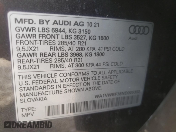 2022 Audi SQ7 Prestige z VIN WA1VWBF78ND005333, wystawiony jako Copart lot #45151024 z przebiegiem 12 813 mil mil oraz Czysty tytuł • Clean title. Historia ofert i sprzedaży dostępna na DreamBid. Obrazek 12.