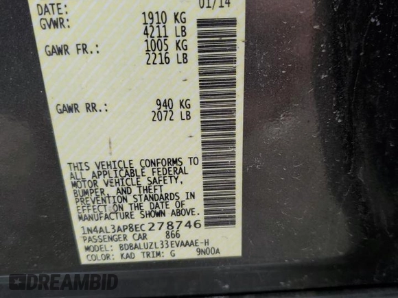 2014 Nissan Altima 2.5 with VIN 1N4AL3AP8EC278746, listed as a Copart auction lot 42966745 with Not Provided miles and Salvage Title. Bid and sale history available at DreamBid. Image 12.