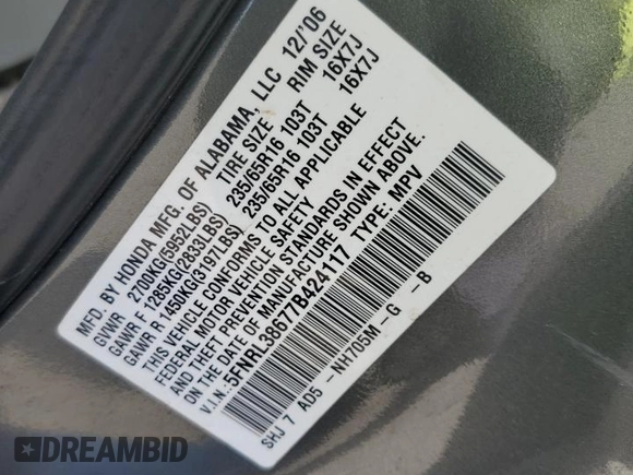2007 Honda Odyssey EX-L z VIN 5FNRL38677B424117, wystawiony jako Copart lot #58814235 z przebiegiem 188 908 mil mil oraz Szkoda całkowita • Salvage title. Historia ofert i sprzedaży dostępna na DreamBid. Obrazek 13.