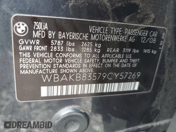 2009 BMW 7 Series 750Li z VIN WBAKB83579CY57269, wystawiony jako Copart lot #42173805 z przebiegiem 140 815 mil mil oraz Szkoda całkowita • Salvage title. Historia ofert i sprzedaży dostępna na DreamBid. Obrazek 14.