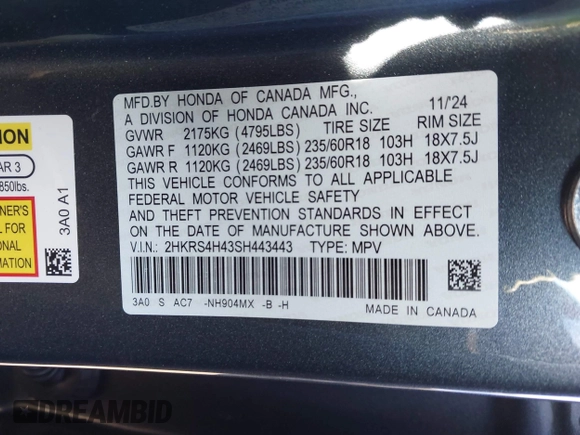2025 Honda CR-V EX with VIN 2HKRS4H43SH443443, listed as a IAAI auction lot 41322190 with 354 mi miles and . Bid and sale history available at DreamBid. Image 9.