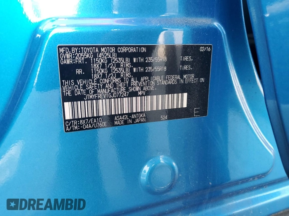 2016 Toyota RAV4 Limited with VIN JTMYFREV1GJ077247, listed as a Copart auction lot 60534045 with 80,863 mi miles and Salvage title. Bid and sale history available at DreamBid. Image 13.
