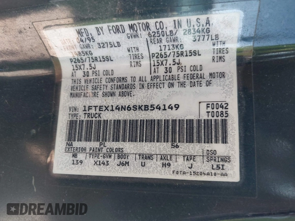 1995 Ford F-150 with VIN 1FTEX14N6SKB54149, listed as a IAAI auction lot 42323692 with 139,303 mi miles and . Bid and sale history available at DreamBid. Image 9.