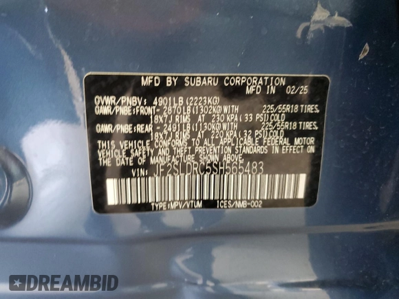 2025 Subaru Forester Limited с VIN JF2SLDRC5SH565483, выставлен на аукционе Copart как лот 58262755 с пробегом 127 миль миль и Списание • Salvage title. История ставок и продаж доступна на DreamBid. Изображение 13.