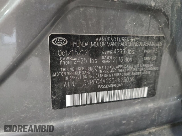 2013 Hyundai Sonata Limited with VIN 5NPEC4AC2DH625036, listed as a Copart auction lot 60469605 with 92,576 mi miles and Salvage title. Bid and sale history available at DreamBid. Image 12.