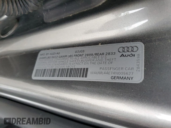 2004 Audi A8 L with VIN WAUML44E74N005627, listed as a Copart auction lot 84340834 with 139,575 mi miles and Clean Title. Bid and sale history available at carsss.com. Image 12.