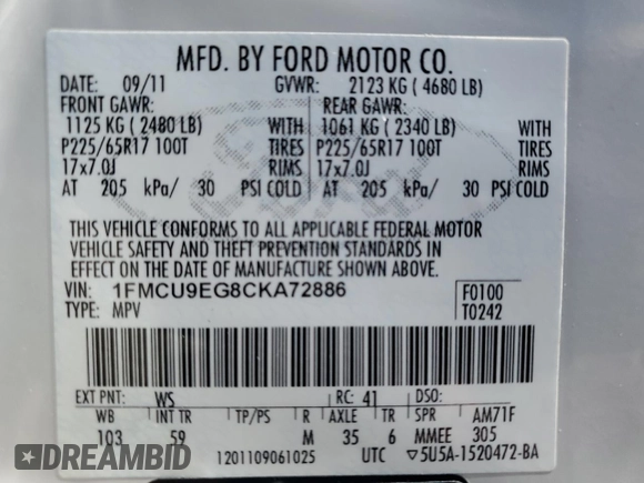 2012 Ford Escape Limited с VIN 1FMCU9EG8CKA72886, выставлен на аукционе Copart как лот 52555515 с пробегом Не указан миль и Чистый • Clean title. История ставок и продаж доступна на DreamBid. Изображение 13.