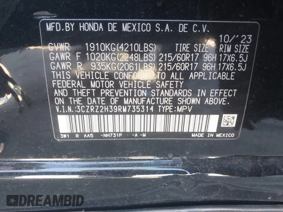 2024 Honda HR-V LX with VIN 3CZRZ2H39RM735314, listed as a IAAI auction lot 41871111 with 11,087 mi miles and . Bid and sale history available at DreamBid. Image 9.