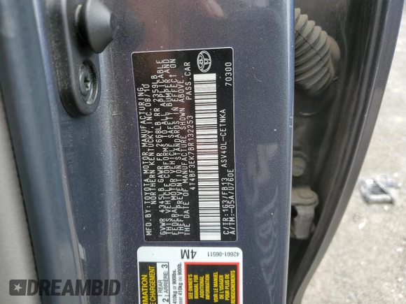 2011 Toyota Camry LE with VIN 4T4BF3EK7BR132253, listed as a Copart auction lot 55958564 with 142,826 mi miles and Salvage Title. Bid and sale history available at DreamBid. Image 12.