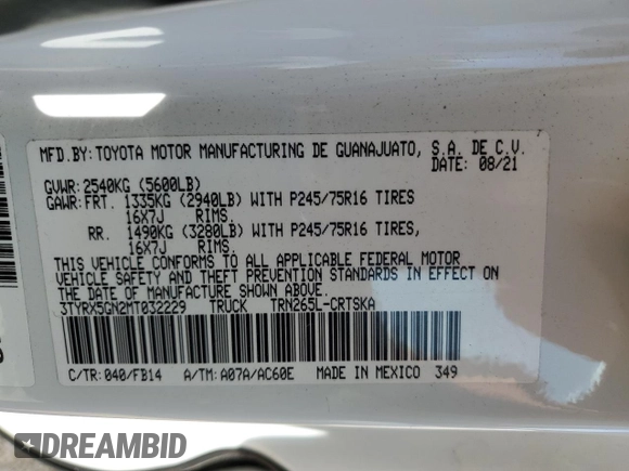 2021 Toyota Tacoma SR with VIN 3TYRX5GN2MT032229, listed as a Copart auction lot 59392875 with 28,281 mi miles and Salvage title. Bid and sale history available at DreamBid. Image 13.
