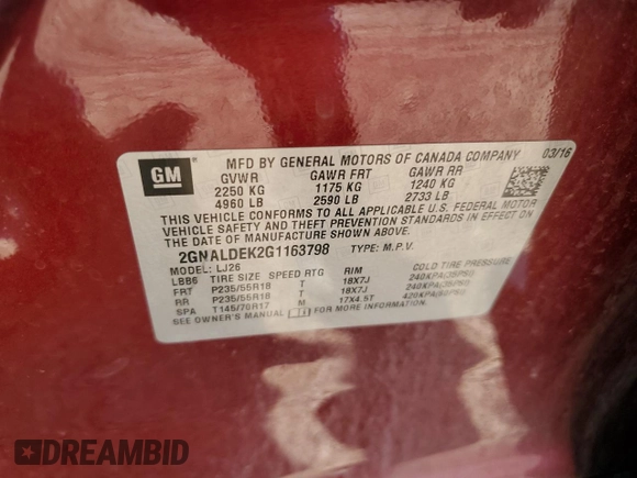 2016 Chevrolet Equinox LTZ with VIN 2GNALDEK2G1163798, listed as a Copart auction lot 51755235 with Not provided miles and Clean title. Bid and sale history available at DreamBid. Image 13.
