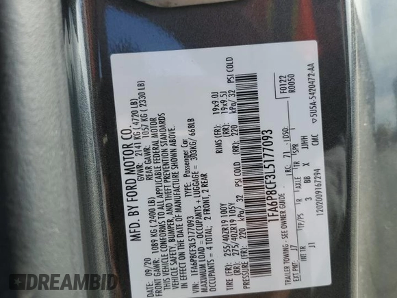 2020 Ford Mustang GT with VIN 1FA6P8CF3L5177093, listed as a Copart auction lot 50061925 with 44,749 mi miles and Salvage Title. Bid and sale history available at DreamBid. Image 15.