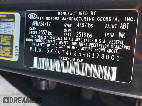 2017 Kia Optima LX with VIN 5XXGT4L35HG178001, listed as a Copart auction lot 50804015 with 190,803 mi miles and Salvage Title. Bid and sale history available at carsss.com. Image 12.