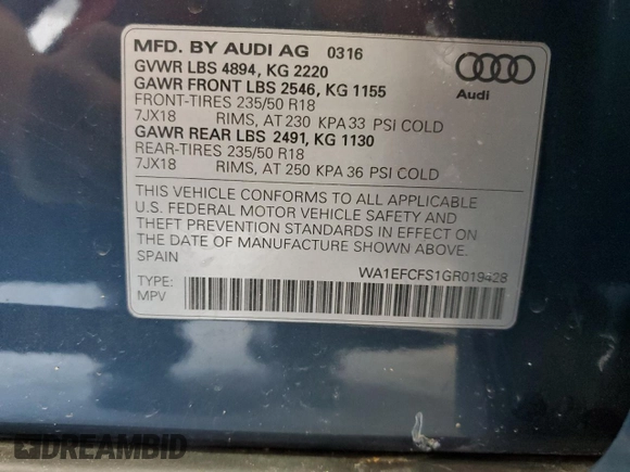 2016 Audi Q3 Premium Plus with VIN WA1EFCFS1GR019428, listed as a Copart auction lot 51129845 with 99,221 mi miles and Salvage Title. Bid and sale history available at carsss.com. Image 15.