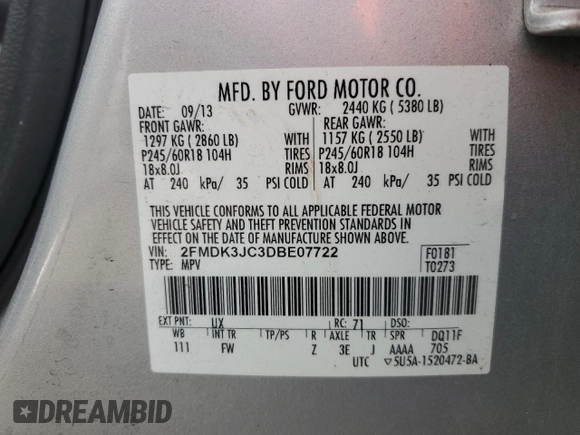 2013 Ford Edge SEL with VIN 2FMDK3JC3DBE07722, listed as a Copart auction lot 46299115 with 68,145 mi miles and Salvage Title. Bid and sale history available at carsss.com. Image 13.