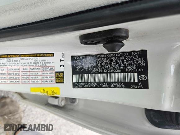 2012 Toyota Prius Two with VIN JTDZN3EU2C3040086, listed as a Copart auction lot 54426935 with 47,535 mi miles and Salvage Title. Bid and sale history available at DreamBid. Image 10.