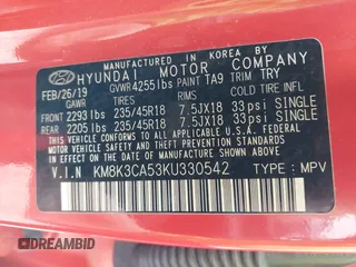 2019 Hyundai Kona Limited with VIN KM8K3CA53KU330542, listed as a IAAI auction lot 41454145 with 64,166 mi miles. Bid and sale history available at carsss.com. Image 9.