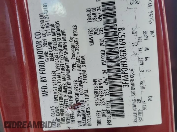2016 Ford Fusion SE with VIN 3FA6P0H9XGR169578, listed as a Copart auction lot 58254695 with Not provided miles and Salvage title. Bid and sale history available at DreamBid. Image 12.