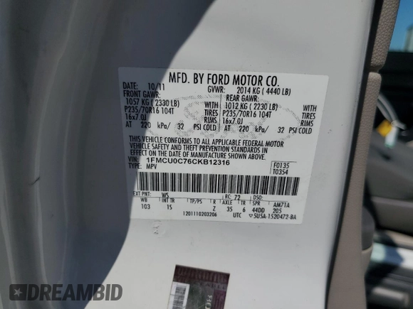 2012 Ford Escape XLS z VIN 1FMCU0C76CKB12316, wystawiony jako Copart lot #65011265 z przebiegiem 139 992 mil mil oraz Szkoda całkowita • Salvage title. Historia ofert i sprzedaży dostępna na DreamBid. Obrazek 14.