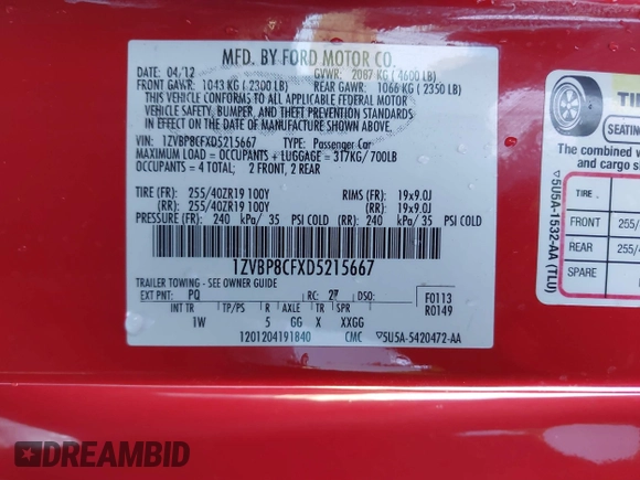 2013 Ford Mustang GT with VIN 1ZVBP8CFXD5215667, listed as a IAAI auction lot 41525268 with 129,561 mi miles and . Bid and sale history available at DreamBid. Image 9.