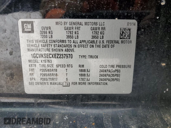 2014 Chevrolet Silverado 1500 LTZ with VIN 1GCVKSECXEZ237970, listed as a Copart auction lot 47239065 with 147,896 mi miles and Salvage Title. Bid and sale history available at DreamBid. Image 12.