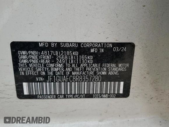 2024 Subaru Impreza Sport with VIN JF1GUAFC8R8357280, listed as a Copart auction lot 45122135 with 9,070 mi miles and Salvage Title. Bid and sale history available at carsss.com. Image 12.