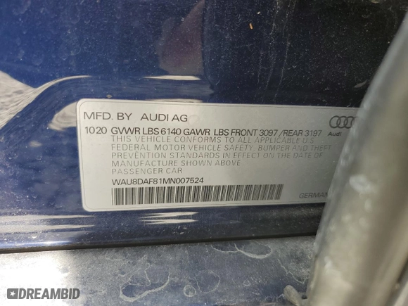2021 Audi A8 with VIN WAU8DAF81MN007524, listed as a Copart auction lot 47288704 with 27866 miles. Bid and sale history available at carsss.com. Image 12.