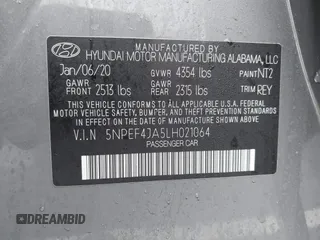 2020 Hyundai Sonata SEL z VIN 5NPEF4JA5LH021064, wystawiony jako IAAI lot #41854623 z przebiegiem 27 450 mil mil oraz . Historia ofert i sprzedaży dostępna na DreamBid. Obrazek 9.