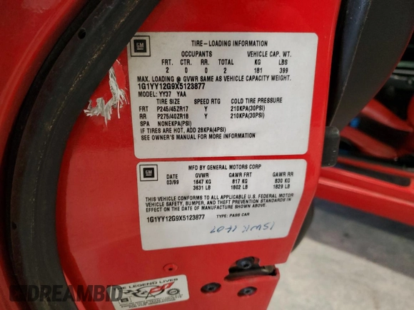 1999 Chevrolet Corvette with VIN 1G1YY12G9X5123877, listed as a Copart auction lot 83972444 with 0 mi miles and Salvage Title. Bid and sale history available at carsss.com. Image 12.