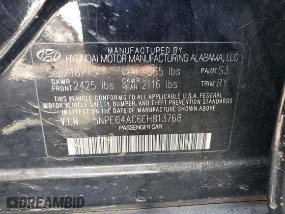2014 Hyundai Sonata SE with VIN 5NPEC4AC6EH813768, listed as a Copart auction lot 79614884 with Not Provided miles and Salvage Title. Bid and sale history available at DreamBid. Image 12.
