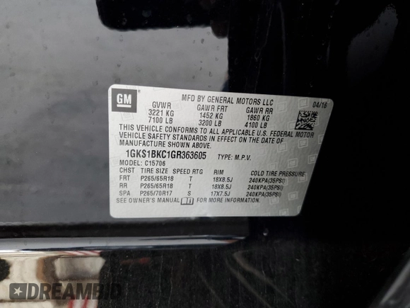 2016 GMC Yukon SLT with VIN 1GKS1BKC1GR363605, listed as a Copart auction lot 54324285 with 167,921 mi miles and Salvage Title. Bid and sale history available at carsss.com. Image 13.