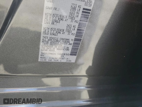 2019 Infiniti QX60 Pure with VIN 5N1DL0MN5KC560950, listed as a Copart auction lot 61051805 with 55,857 mi miles and Salvage title. Bid and sale history available at DreamBid. Image 13.