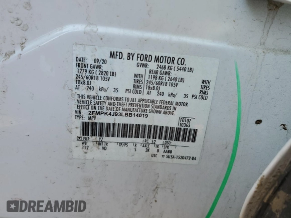 2020 Ford Edge SEL with VIN 2FMPK4J93LBB14019, listed as a Copart auction lot 79084004 with 0 mi miles and Salvage Title. Bid and sale history available at carsss.com. Image 13.
