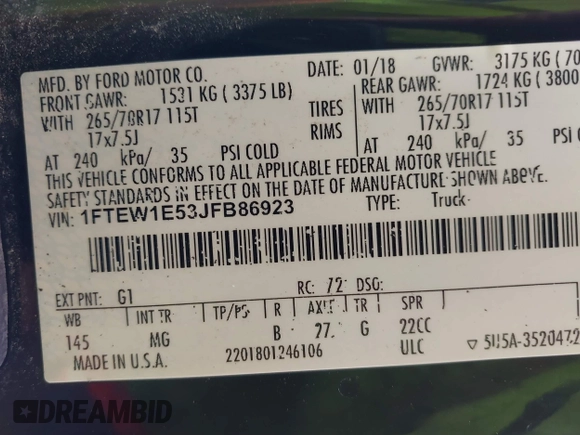 2018 Ford F-150 XL with VIN 1FTEW1E53JFB86923, listed as a IAAI auction lot 42399654 with 171,690 mi miles and . Bid and sale history available at DreamBid. Image 9.