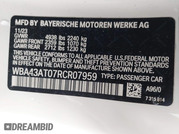 2024 BMW 4 Series 430i xDrive z VIN WBA43AT07RCR07959, wystawiony jako IAAI lot #42778206 z przebiegiem Nie podano mil oraz . Historia ofert i sprzedaży dostępna na DreamBid. Obrazek 9.