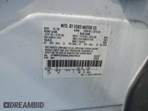2020 Ford Edge SE z VIN 2FMPK3G93LBA53823, wystawiony jako Copart lot #61485045 z przebiegiem 43 770 mil mil oraz Szkoda całkowita • Salvage title. Historia ofert i sprzedaży dostępna na DreamBid. Obrazek 13.