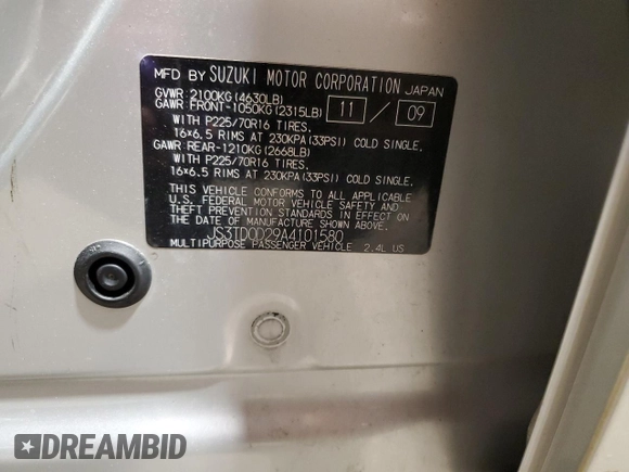 2010 Suzuki Grand Vitara Premium with VIN JS3TD0D29A4101580, listed as a Copart auction lot 56765935 with 120,791 mi miles and Clean title. Bid and sale history available at DreamBid. Image 13.