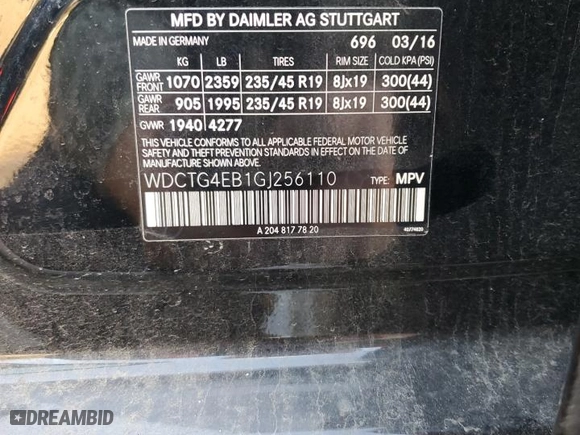 2016 Mercedes-Benz GLA with VIN WDCTG4EB1GJ256110, listed as a Copart auction lot 42338895 with 130,400 mi miles and Salvage Title. Bid and sale history available at carsss.com. Image 13.