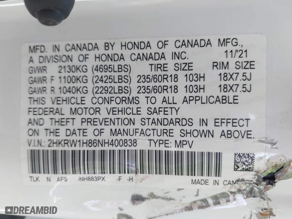 2022 Honda CR-V EX-L with VIN 2HKRW1H86NH400838, listed as a IAAI auction lot 41634694 with 1 mi miles. Bid and sale history available at carsss.com. Image 9.