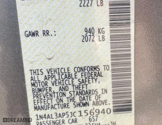 2018 Nissan Altima 2.5 SL with VIN 1N4AL3AP5JC156940, listed as a Copart auction lot 51164755 with 147,629 mi miles and Clean Title. Bid and sale history available at carsss.com. Image 10.