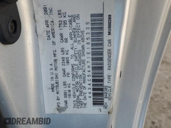 2001 Mitsubishi Eclipse with VIN 4A3AC54H71E185335, listed as a Copart auction lot 44184055 with 93,798 mi miles and Salvage Title. Bid and sale history available at DreamBid. Image 12.