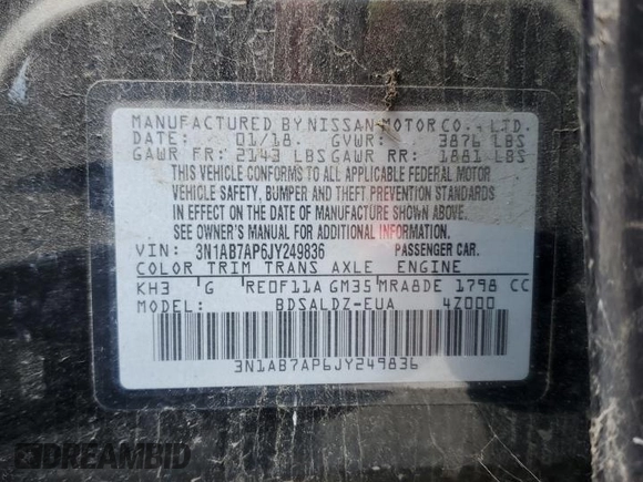 2018 Nissan Sentra SR with VIN 3N1AB7AP6JY249836, listed as a Copart auction lot 52610445 with 110,003 mi miles and Clean Title. Bid and sale history available at DreamBid. Image 12.